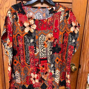 Floral Print Blouse, Casual Crew Neck Short Sleeve Ethnic Blouse XXL